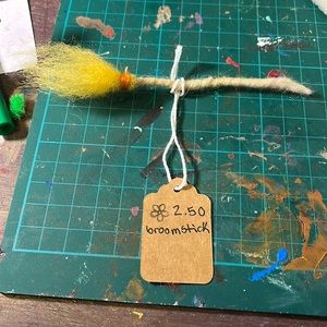 Felted Halloween decorations apple, broom stick and a apple pie